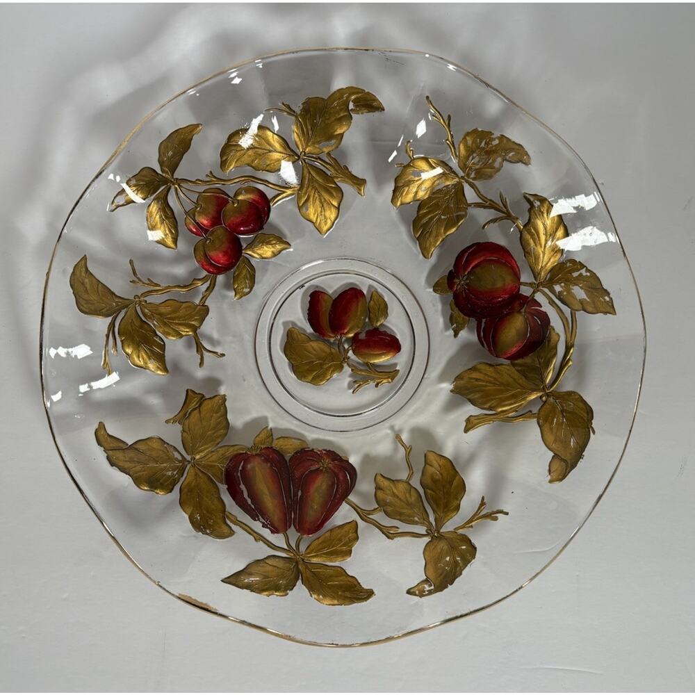 Vintage Goofus Glass Intaglio Plate Dish Ruffled Gold Rim Red Fruit 10.5"